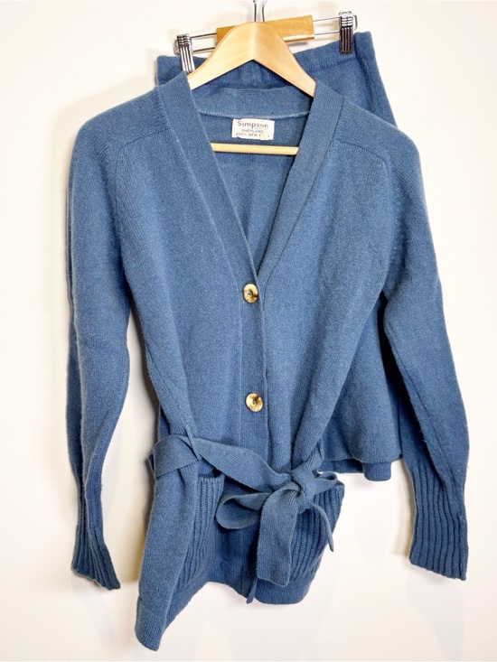 Vintage Dresses & Skirts - Vintage Simpson Piccadilly Scotland Shetland Wool Cardigan Skirt Set Blue